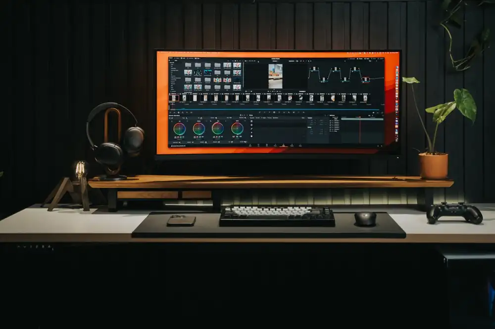Video editing workstation with a timeline visible on screen